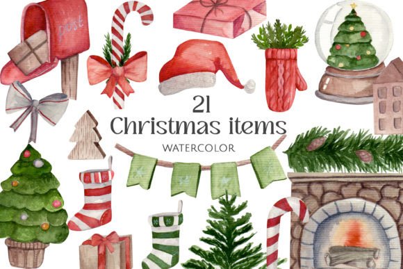 Watercolor Christmas Items Set Clipart